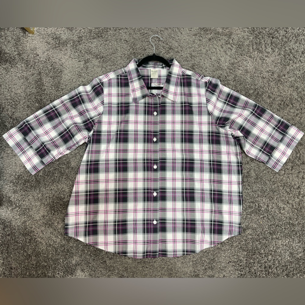 Blair black purple white plaid button down blouse shirt NWOT women’s size 2XL